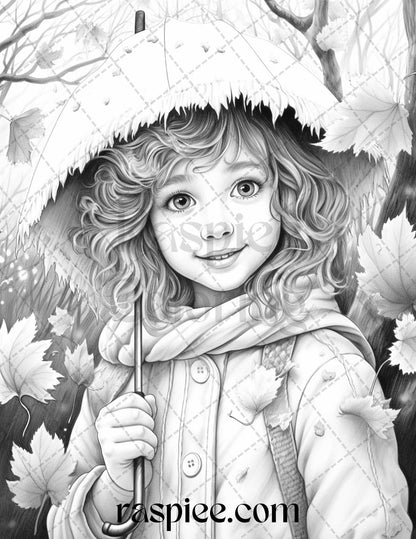 40 Rainy Autumn Day Grayscale Coloring Pages Printable for Adults and Kids, PDF File Instant Download