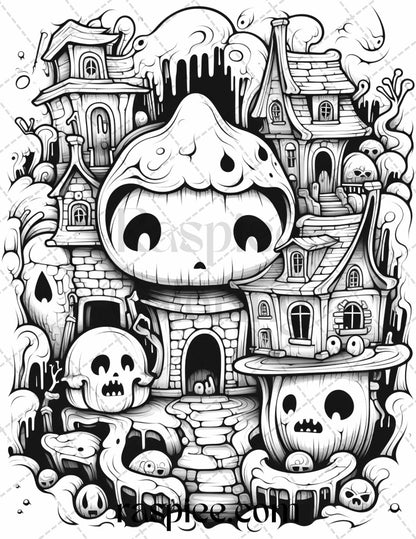 40 Halloween Creepy Kawaii Grayscale Coloring Pages for Adults and Kids, Printable PDF File Instant Download