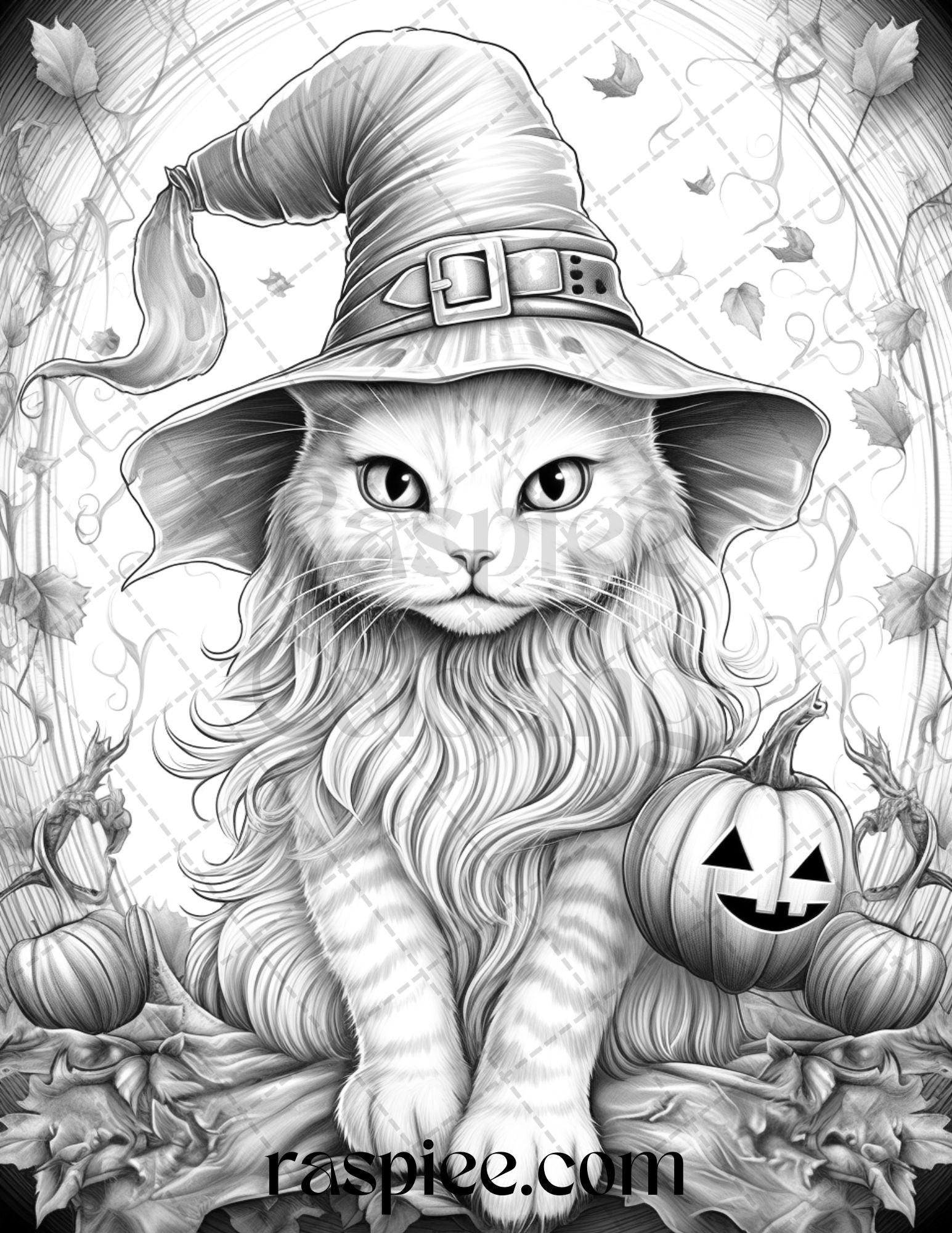 40 Halloween Witch Cat Grayscale Coloring Pages Printable for Adults, PDF File Instant Download