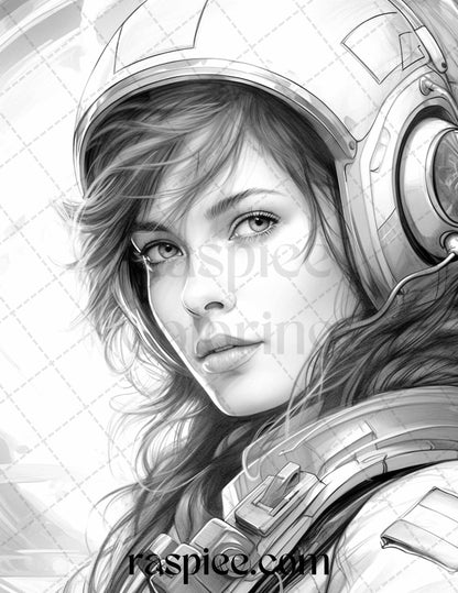 50 Astronaut Girl Portrait Grayscale Coloring Pages Printable for Adults, PDF File Instant Download