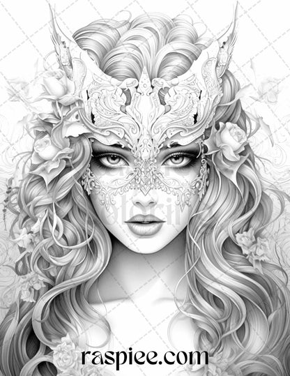 40 Masquerade Girls Grayscale Coloring Pages Printable for Adults, PDF File Instant Download