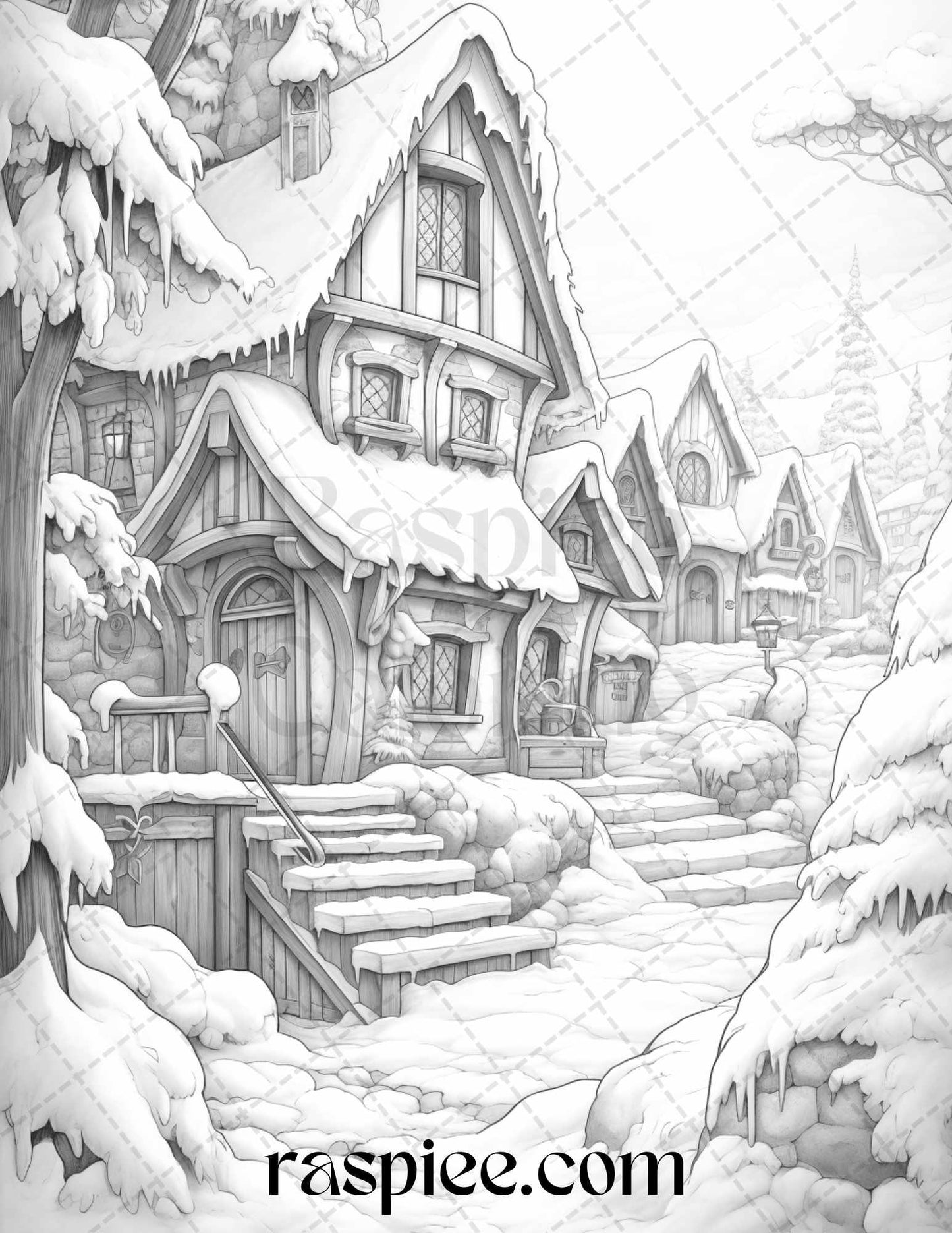 42 Fantasy Christmas Houses Grayscale Coloring Pages Printable for Adults, PDF File Instant Download