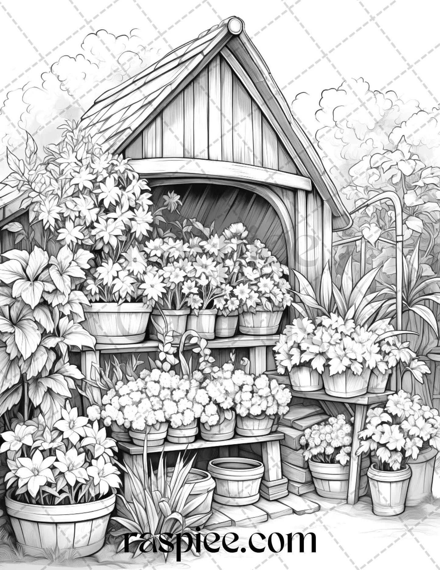 45 Flower Store Front Grayscale Coloring Pages Printable for Adults, PDF File Instant Download