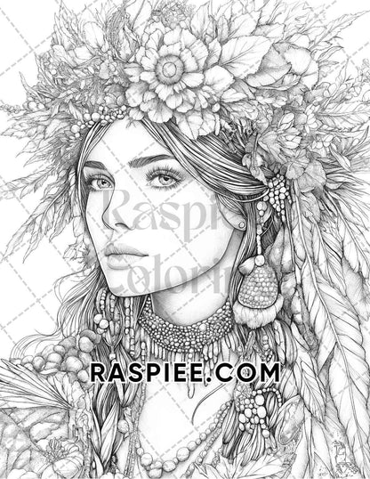 Autumn Beauties Portrait Adult Coloring Pages Printable PDF Instant Download