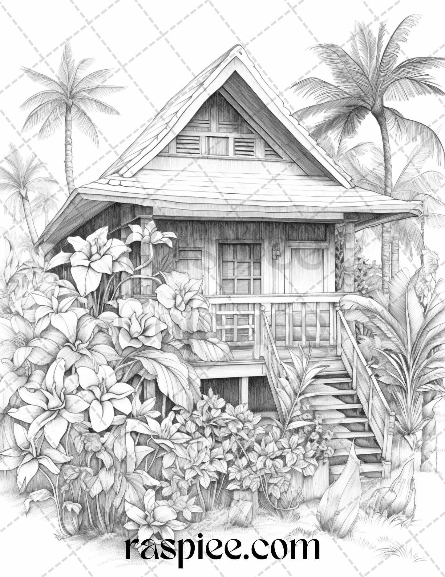 40 Hawaii Tiki Houses Grayscale Coloring Pages Printable for Adults, PDF File Instant Download