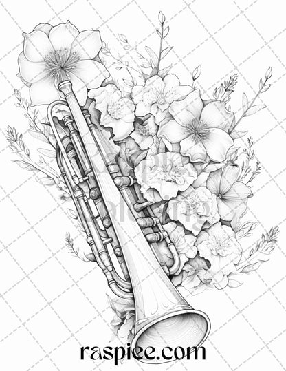 30 Musical Instrument Flower Grayscale Coloring Pages Printable for Adults, PDF File Instant Download