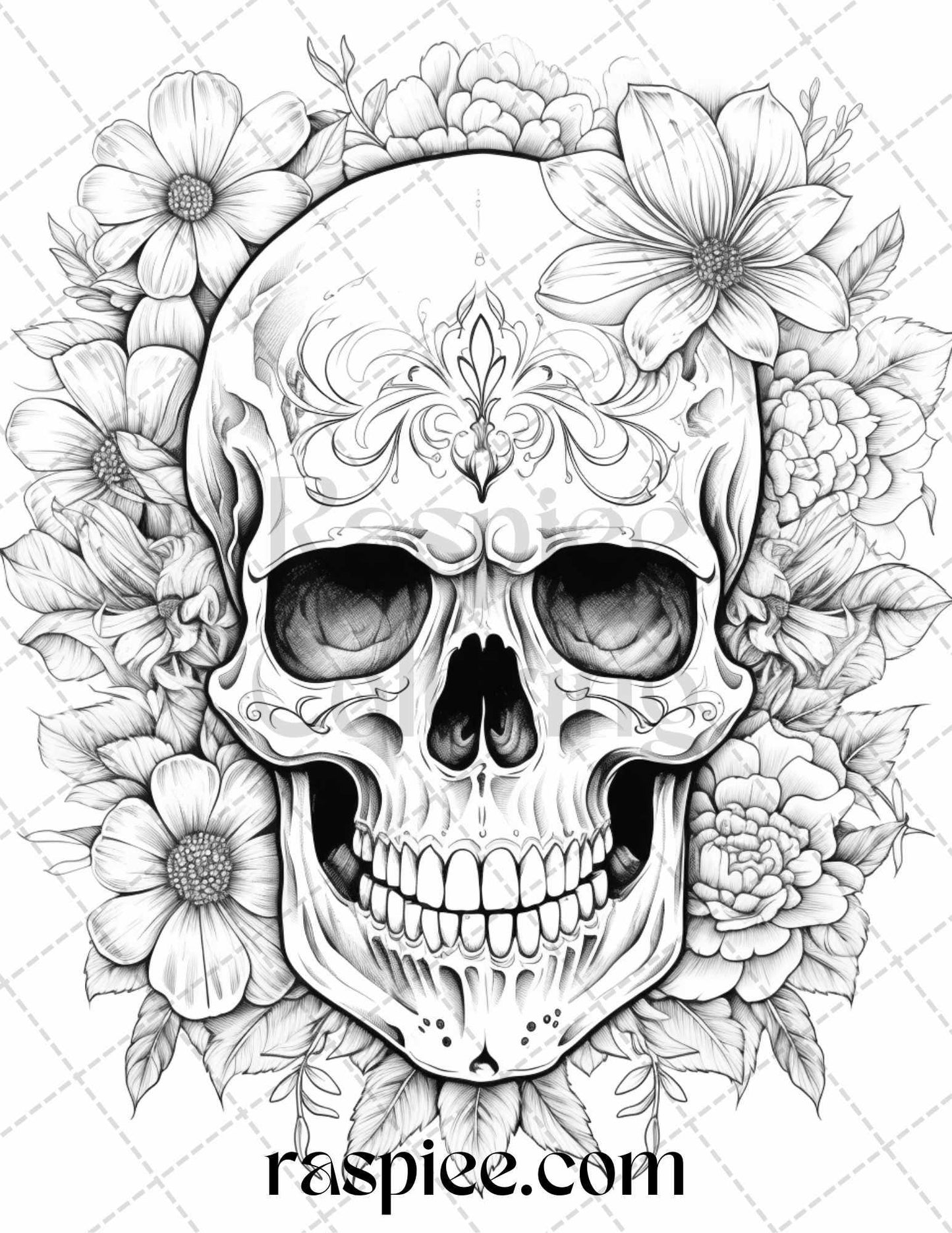 42 Floral Skull Grayscale Coloring Pages for Adults, Stress Relief Coloring Sheets, Printable PDF File Instant Download