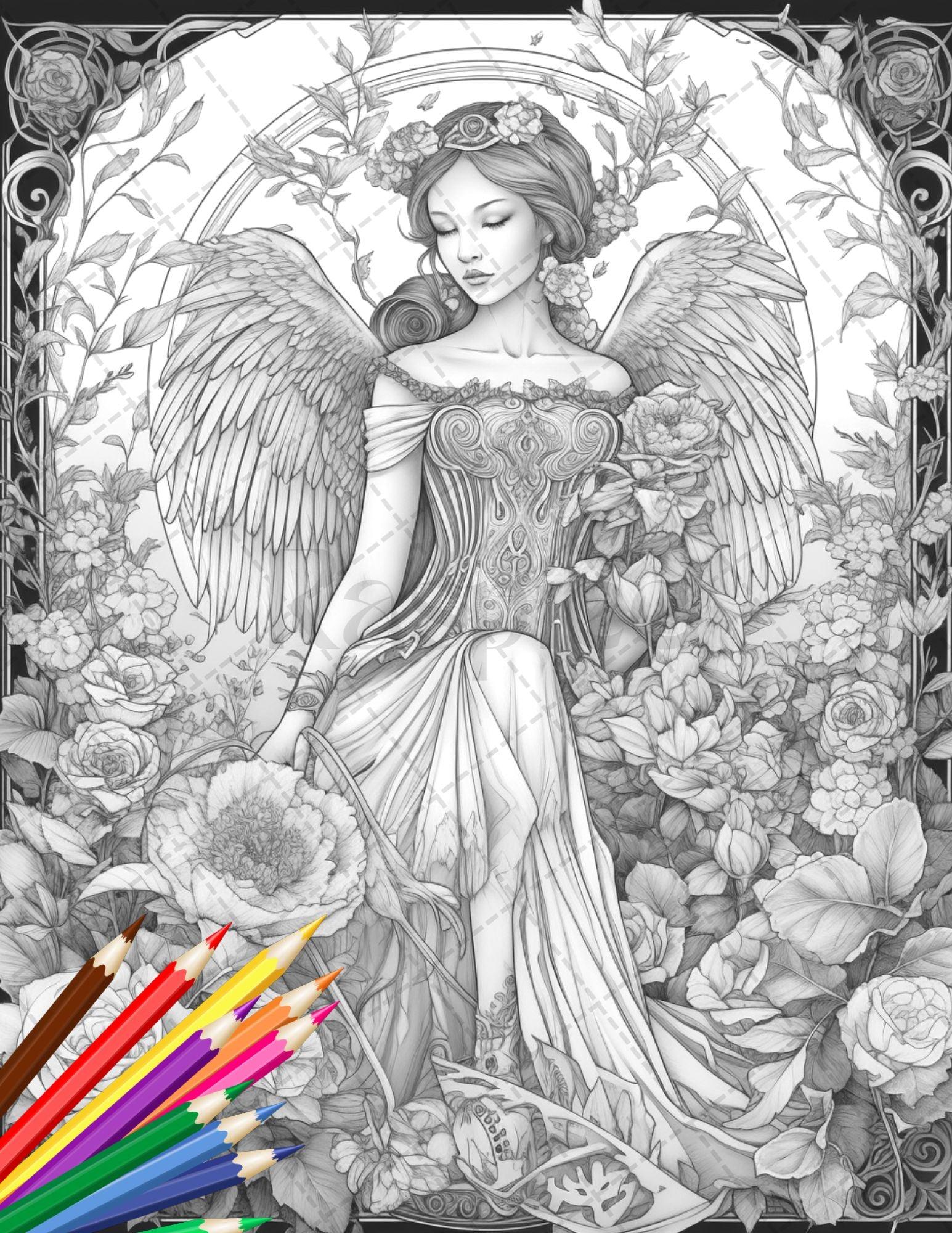 30 Beautiful Fairies Coloring Page Book for Adults, Flower Fairy Grayscale Coloring Book, Fairy Coloring Sheets, Printable PDF File Download