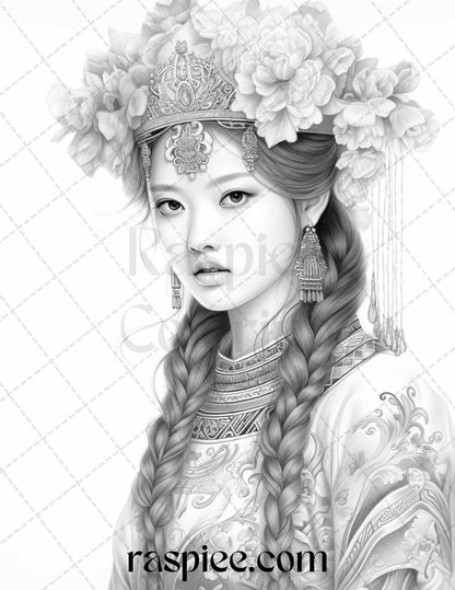 40 Beautiful Chinese Girls Grayscale Coloring Pages for Adults, Printable PDF File Instant Download