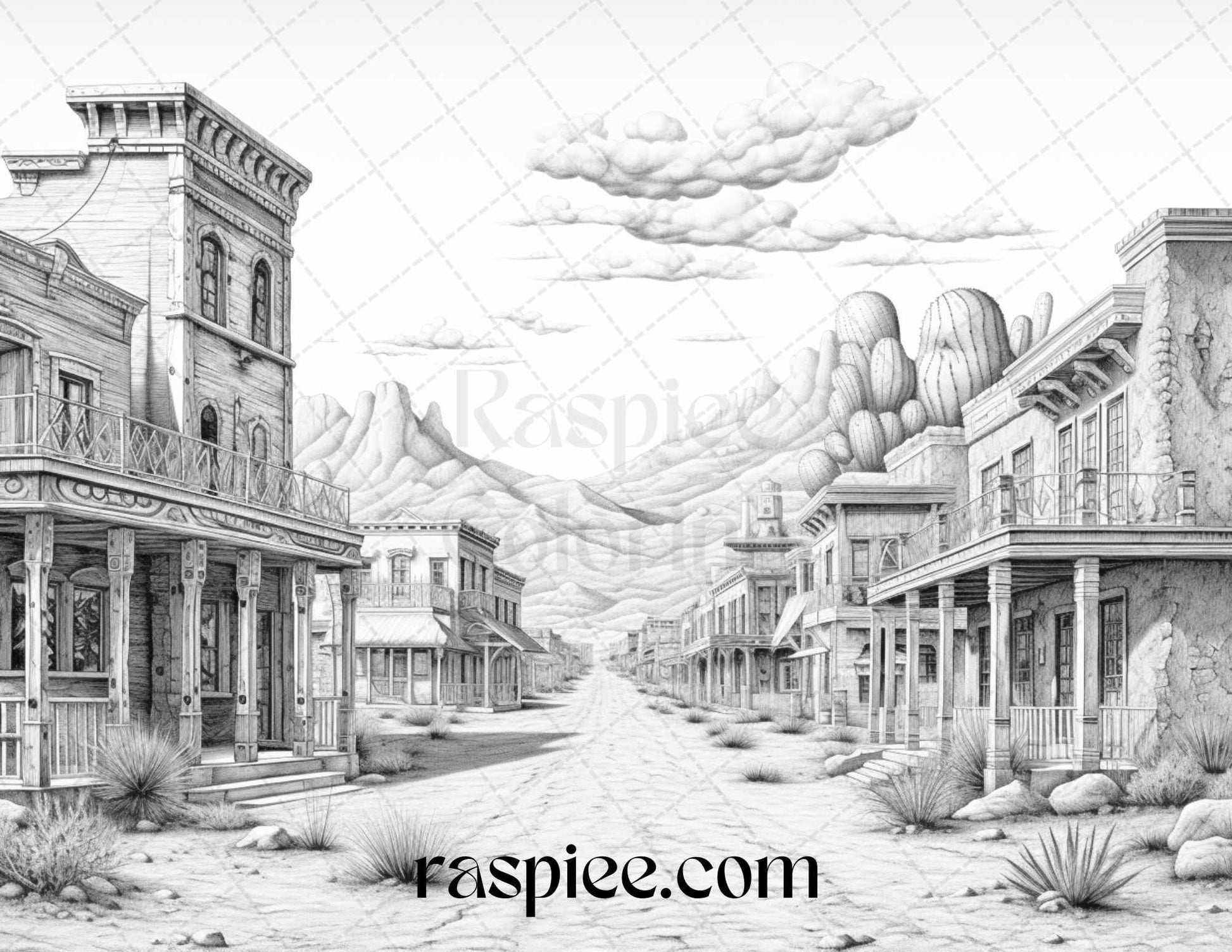 40 Wild West Towns Grayscale Coloring Pages Printable for Adults, PDF File Instant Download