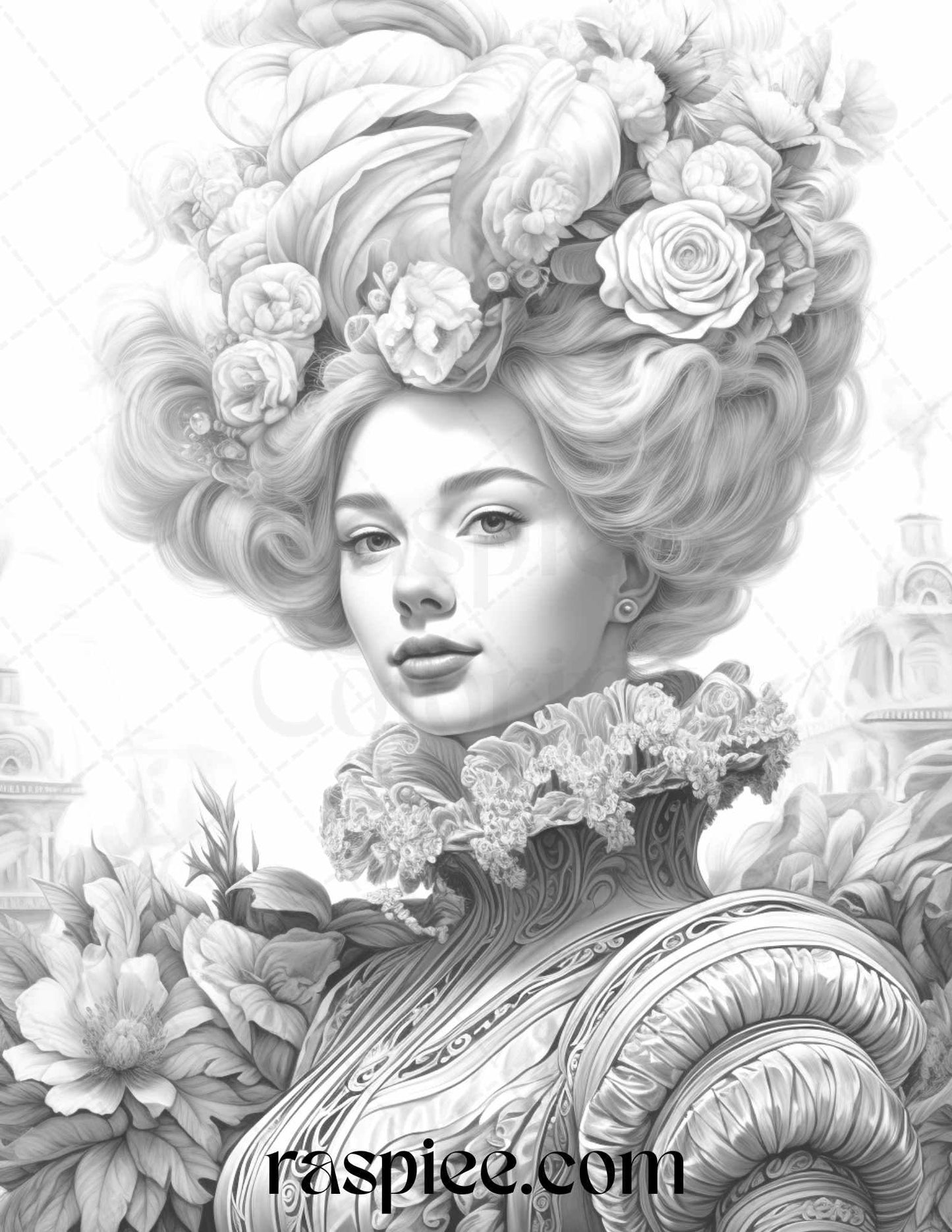 40 Baroque Women Portrait Grayscale Adult Coloring Pages Printable, PDF File Instant Download