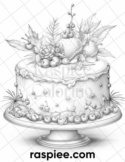 45 Christmas Cakes Grayscale Coloring Pages for Adults, Printable PDF File Instant Download