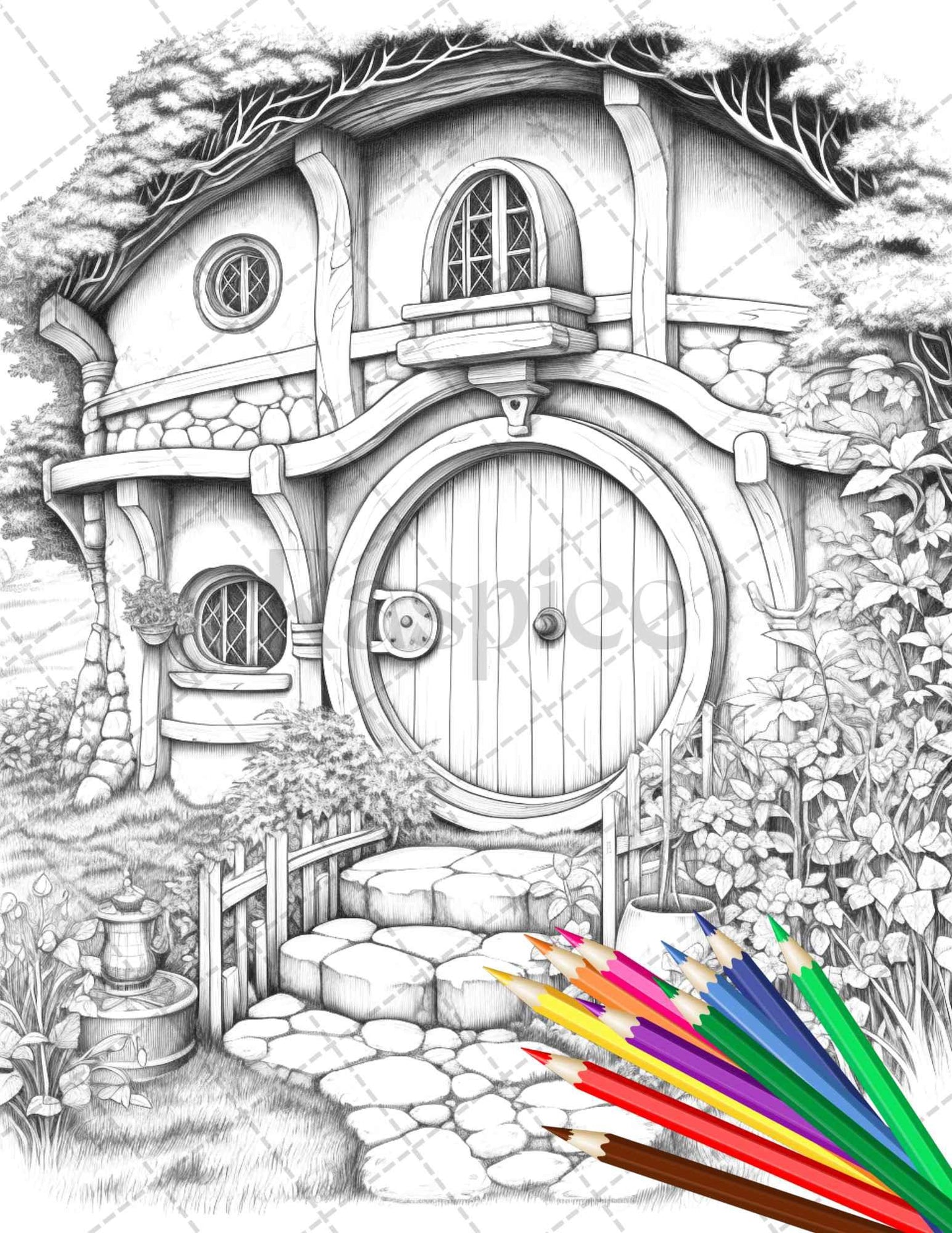 43 Enchanted Hobbiton Houses Grayscale Coloring Pages Printable for Adults, PDF File Instant Download