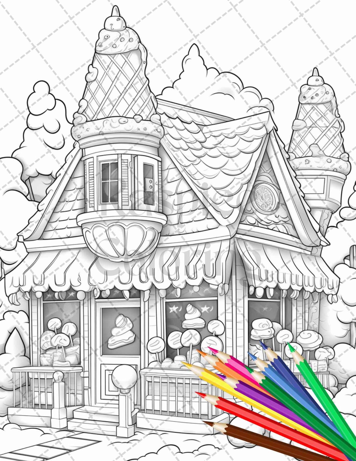 33 Ice Cream Houses Grayscale Coloring Pages Printable for Adults and Kids, PDF File Instant Download