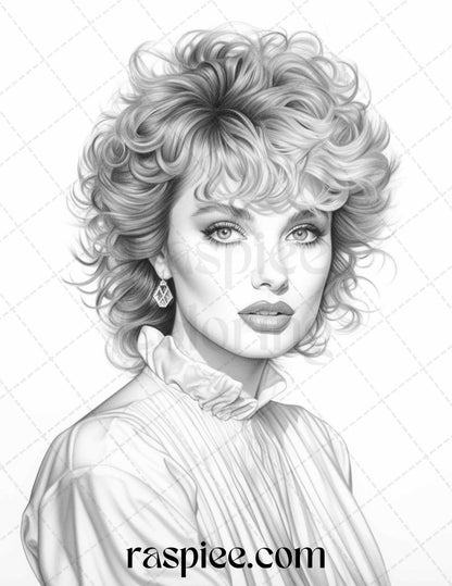 1980s Retro Beautiful Women Grayscale Coloring Pages for Adults, PDF File Instant Download