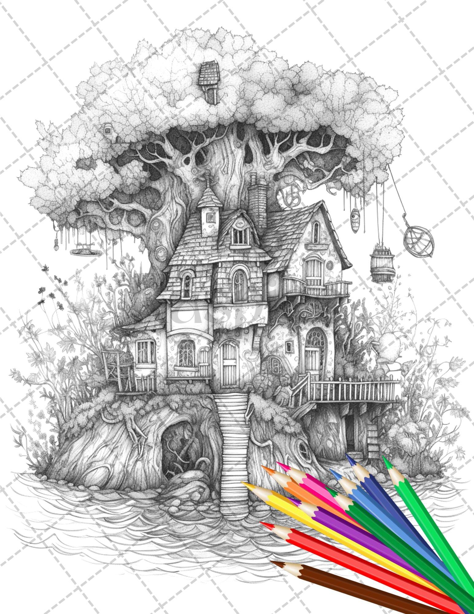 30 Fantasy Fairy Houses Coloring Page Book, Printable Adult Coloring Pages, Enchanted Fairy Home Grayscale Coloring Book, Printable PDF File