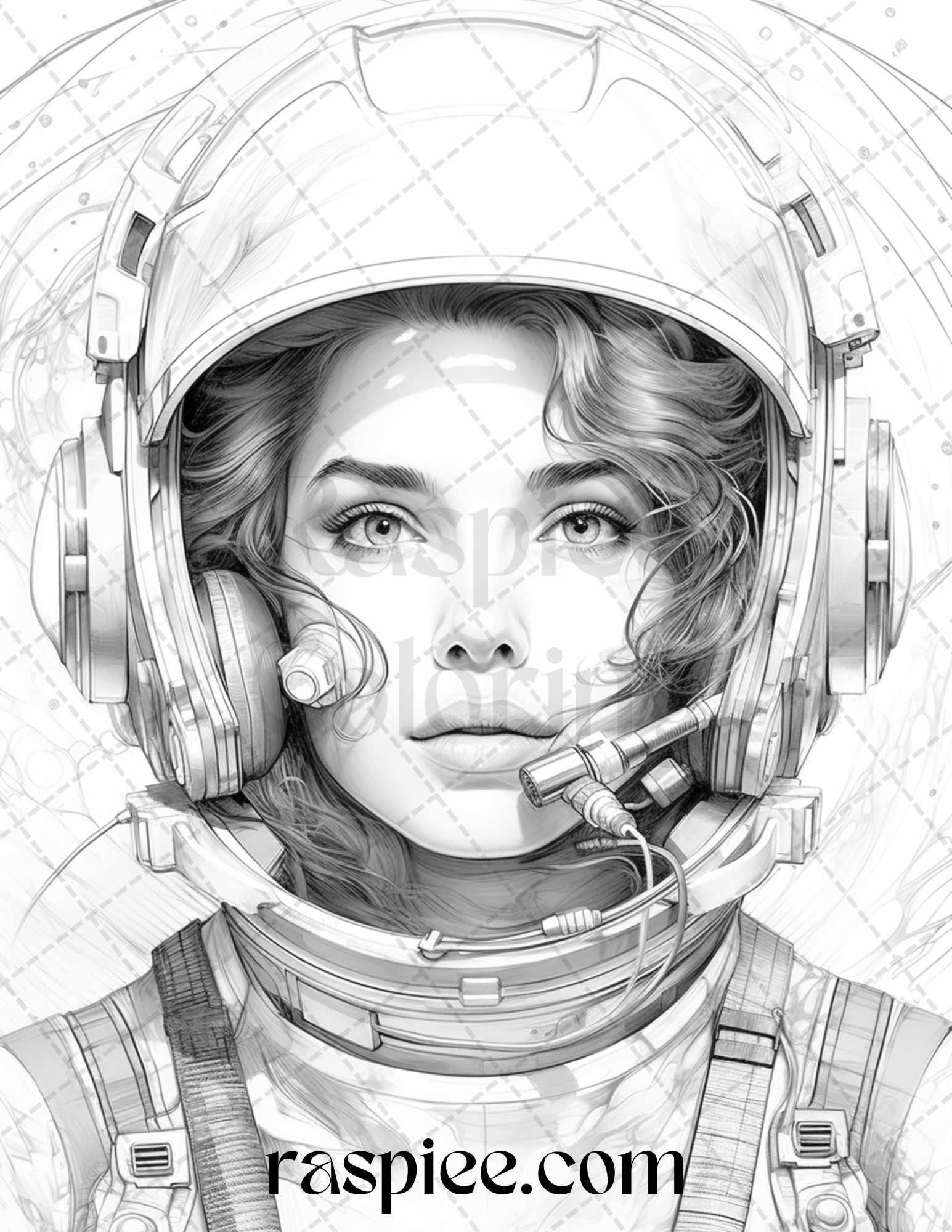 50 Astronaut Girl Portrait Grayscale Coloring Pages Printable for Adults, PDF File Instant Download