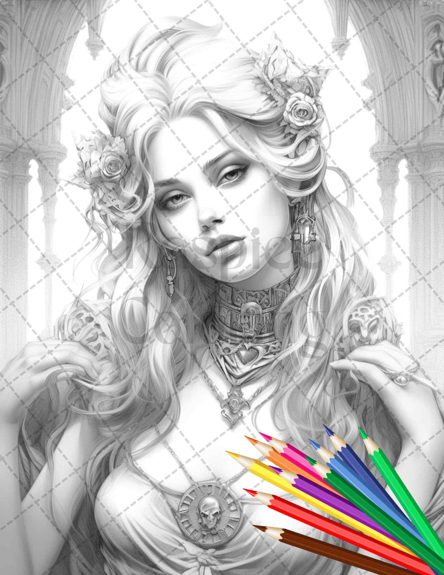 40 Beautiful Gothic Girls Grayscale Coloring Pages Printable for Adults, PDF File Instant Download