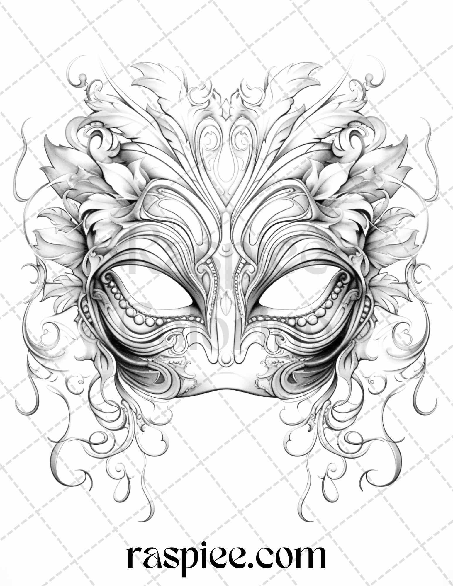 40 Masquerade Masks Grayscale Coloring Pages Printable for Adults, PDF File Instant Download