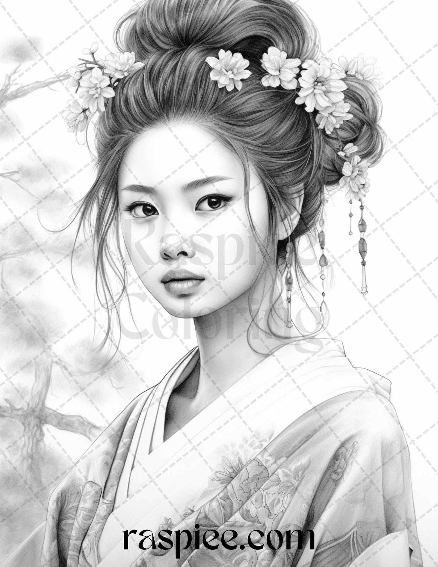 40 Beautiful Japanese Girls Grayscale Coloring Pages Printable for Adults, PDF File Instant Download