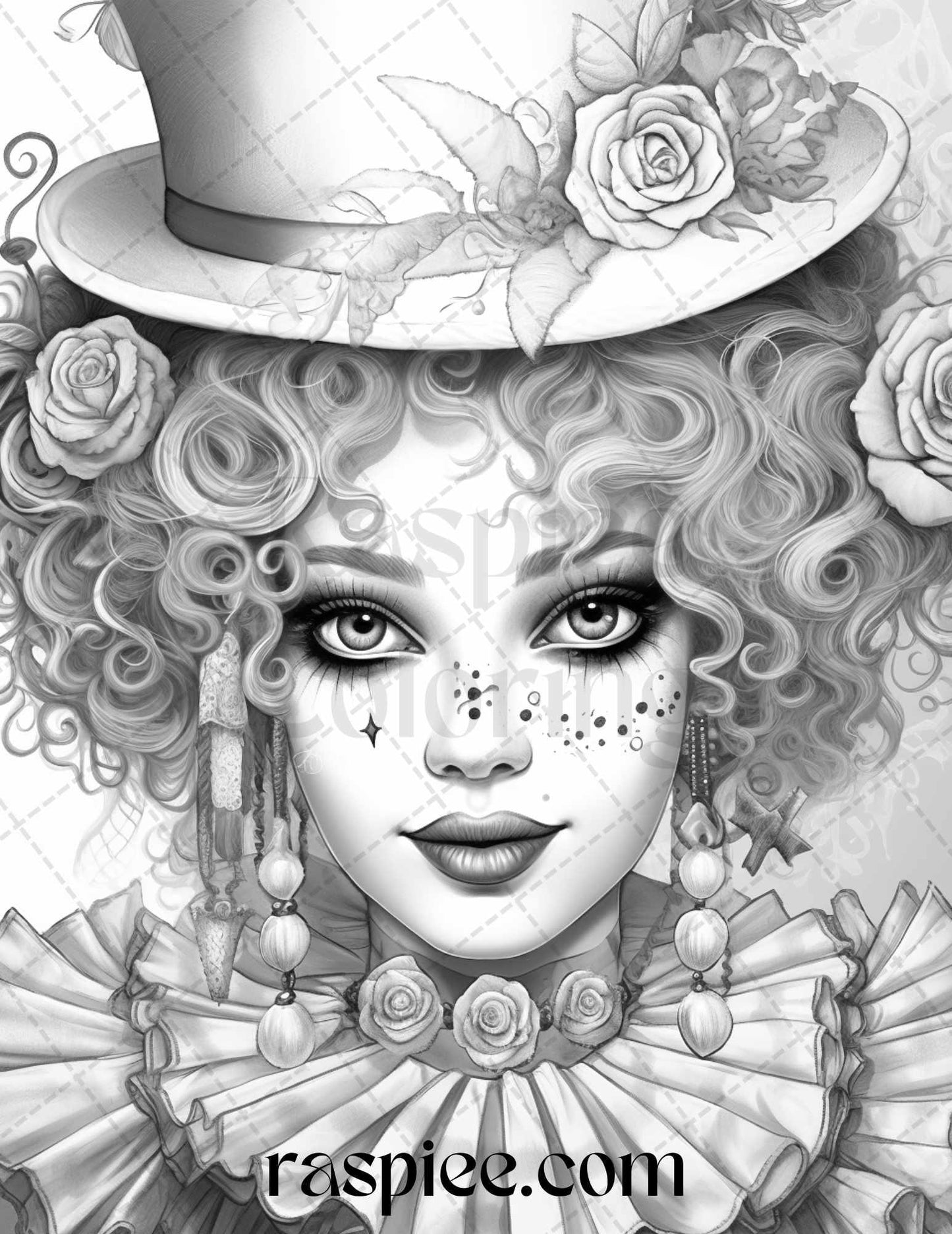 42 Beautiful Clown Girls Grayscale Coloring Pages Printable for Adults, PDF File Instant Download