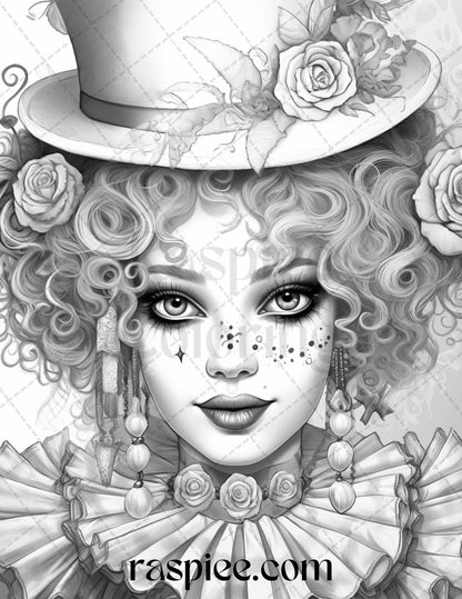 42 Beautiful Clown Girls Grayscale Coloring Pages Printable for Adults, PDF File Instant Download