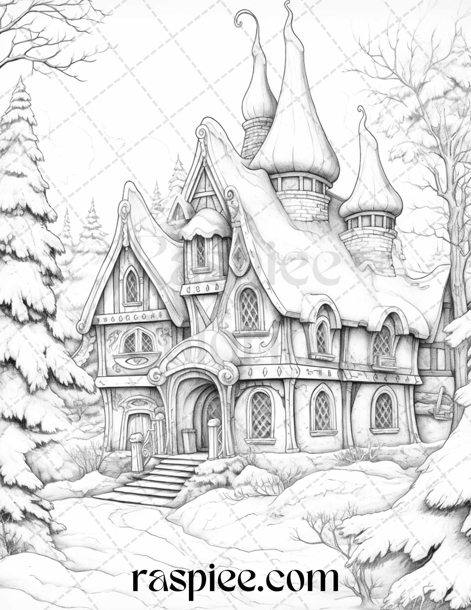 42 Fantasy Christmas Houses Grayscale Coloring Pages Printable for Adults, PDF File Instant Download