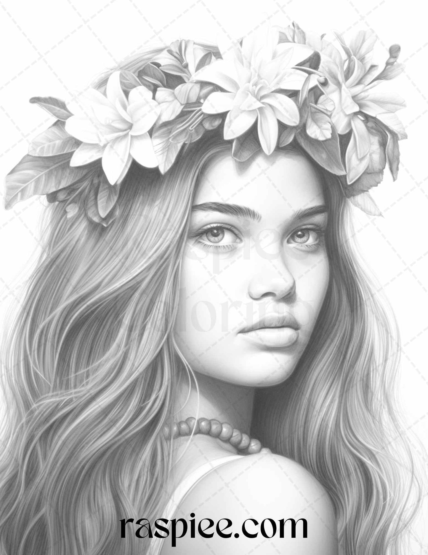 40 Hawaiian Girls Grayscale Coloring Pages Printable for Adults, PDF File Instant Download