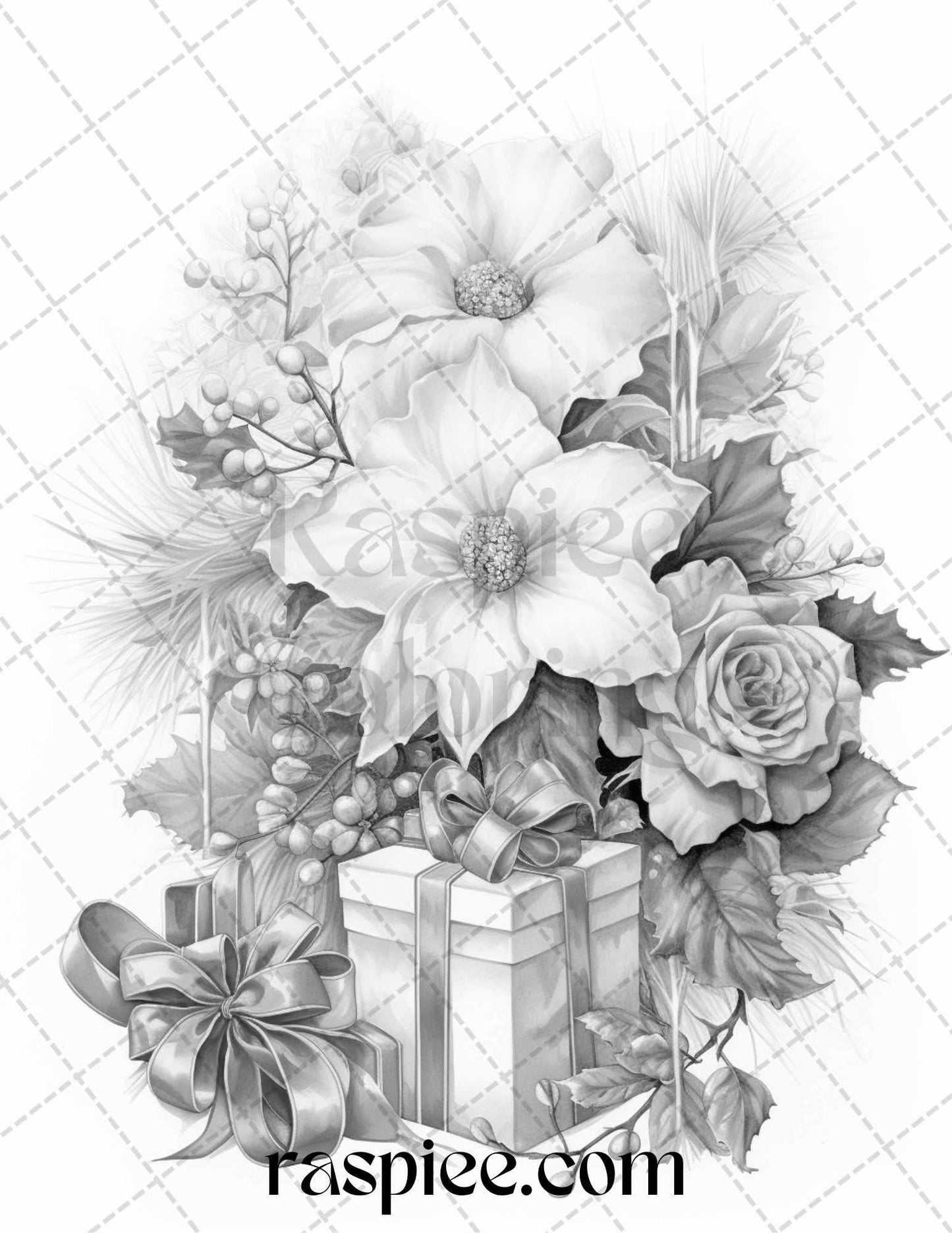 45 Christmas Flowers Grayscale Coloring Pages Printable for Adults, PDF File Instant Download