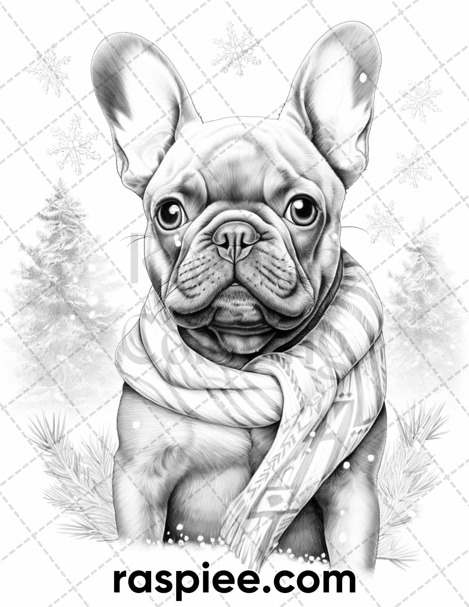 45 Christmas Dogs Grayscale Coloring Pages for Adults, Printable PDF Instant Download