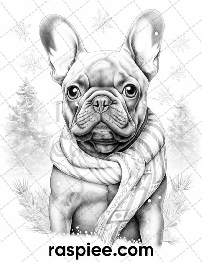 45 Christmas Dogs Grayscale Coloring Pages for Adults, Printable PDF Instant Download