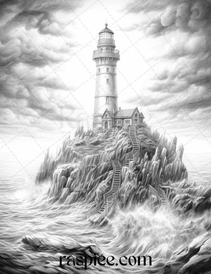 40 Majestic Lighthouses Grayscale Coloring Pages Printable for Adults, PDF File Instant Download