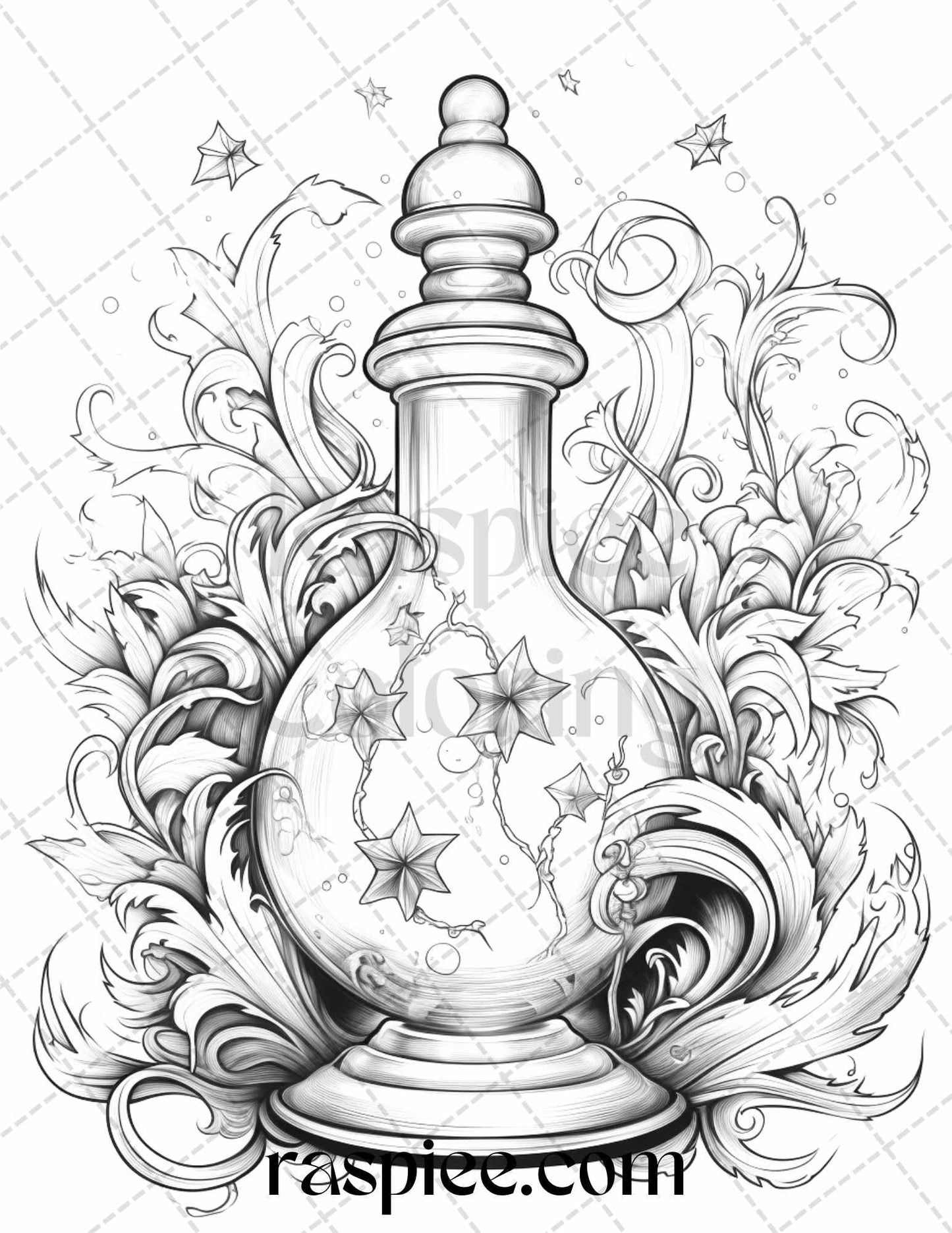 40 Mystical Magic Potions Grayscale Coloring Pages Printable for Adults, PDF File Instant Download