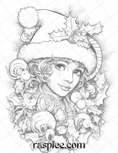 110 Christmas Elves Grayscale Coloring Pages Printable for Adults Kids, PDF File Instant Download