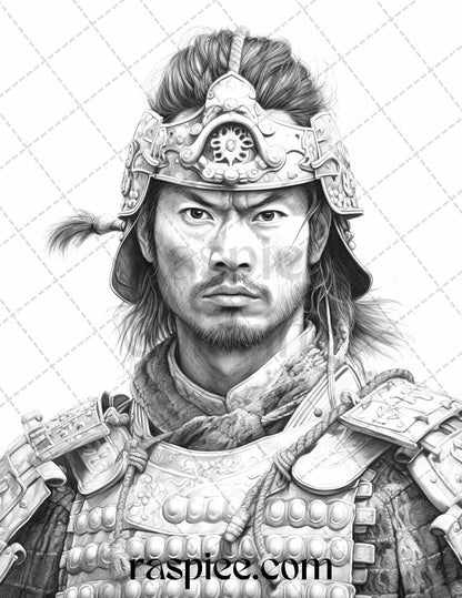 42 Japanese Samurai Grayscale Coloring Pages for Adults, Printable PDF File Instant Download