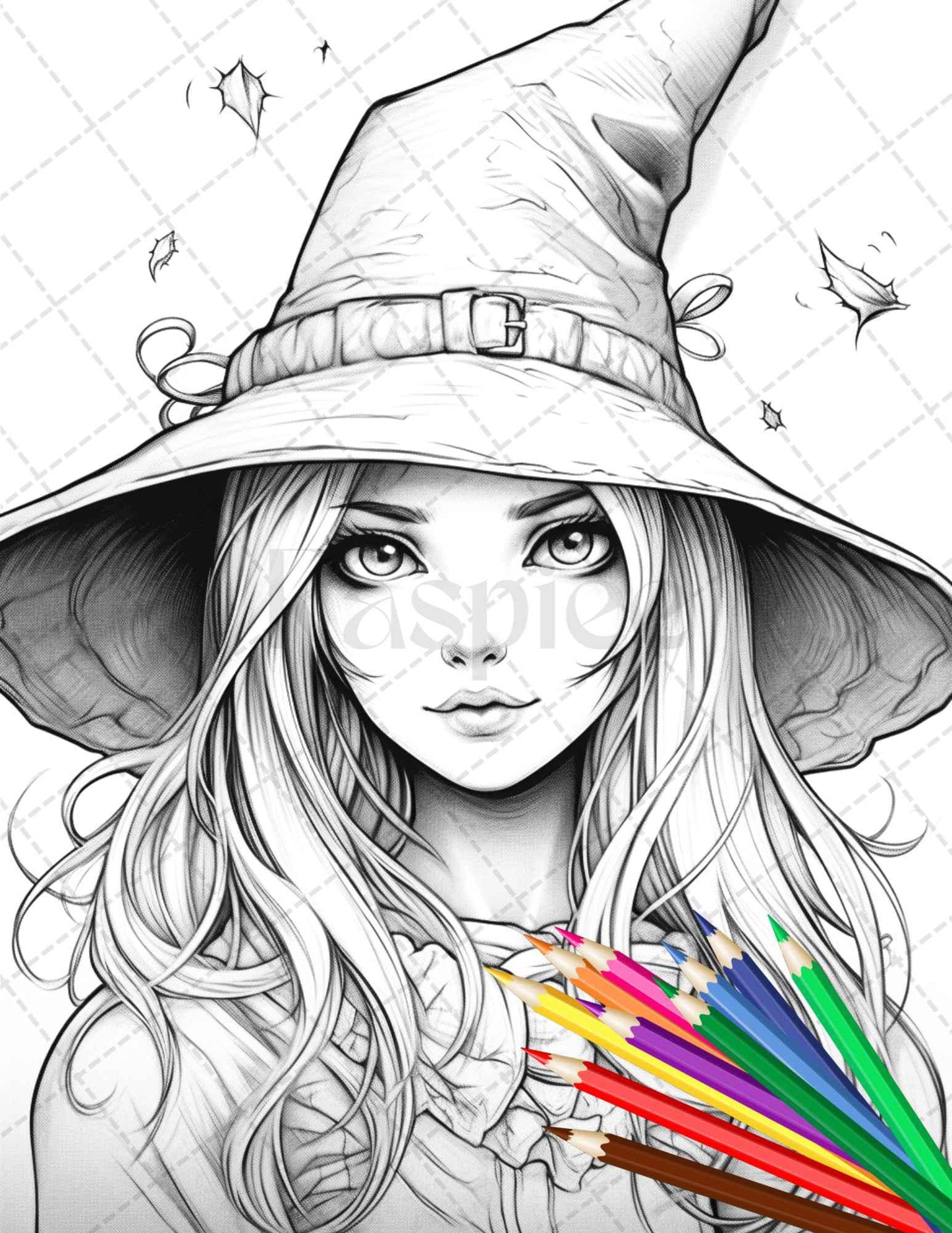 40 Cute Witches Coloring Pages Printable for Adults, Grayscale Coloring Page, PDF File Instant Download