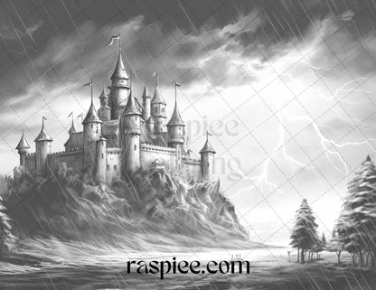 40 Halloween Landscapes Grayscale Coloring Pages Printable for Adults, PDF File Instant Download