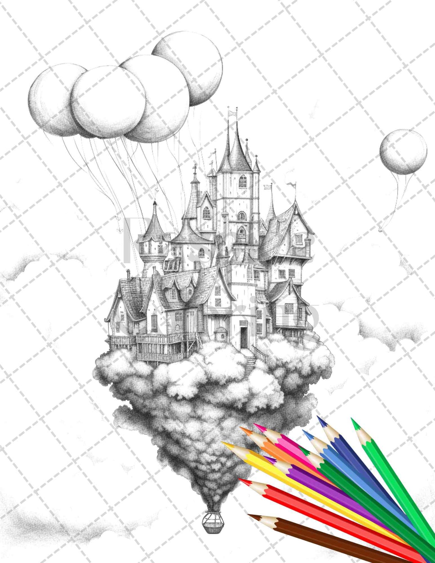 40 Fantasy Sky Houses Grayscale Coloring Pages Printable for Adults, PDF File Instant Download