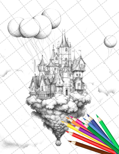 40 Fantasy Sky Houses Grayscale Coloring Pages Printable for Adults, PDF File Instant Download