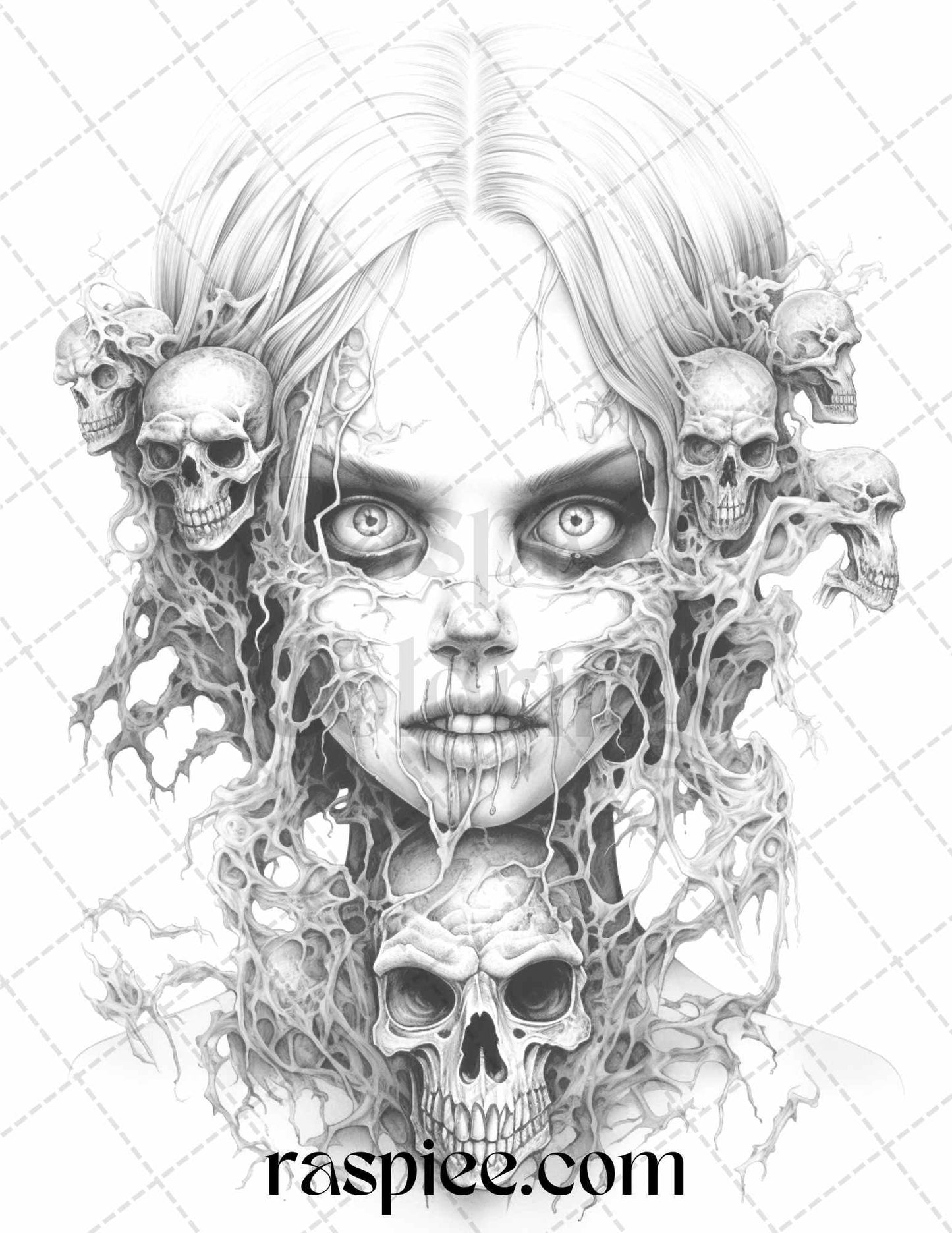 40 Scary Zombie Girls Grayscale Coloring Pages Printable for Adults, PDF File Instant Download