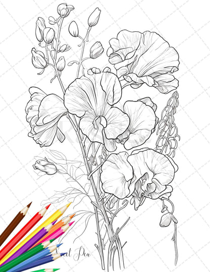 30 Botanical Flowers Printable Coloring Pages for Adults, Floral Grayscale Coloring Book, Printable PDF File Download