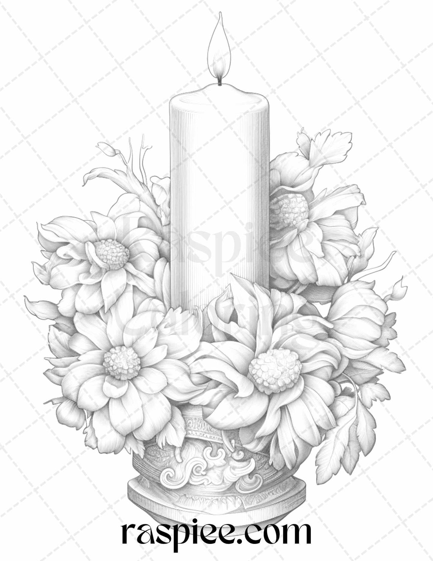 40 Flower Candles Grayscale Coloring Pages Printable for Adults, PDF File Instant Download