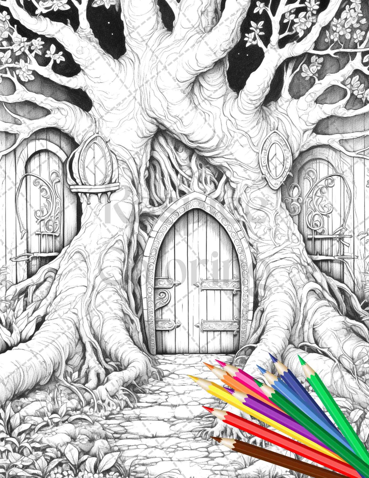 40 Magical Forest Gates Grayscale Coloring Pages Printable for Adults, PDF File Instant Download