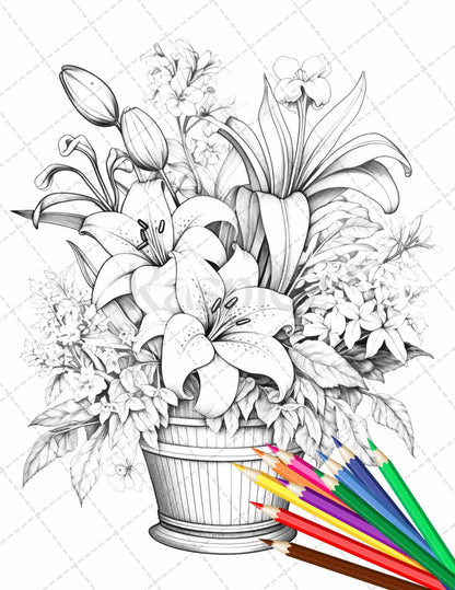 30 Flower Baskets Grayscale Coloring Pages for Adults, PDF File Instant Download