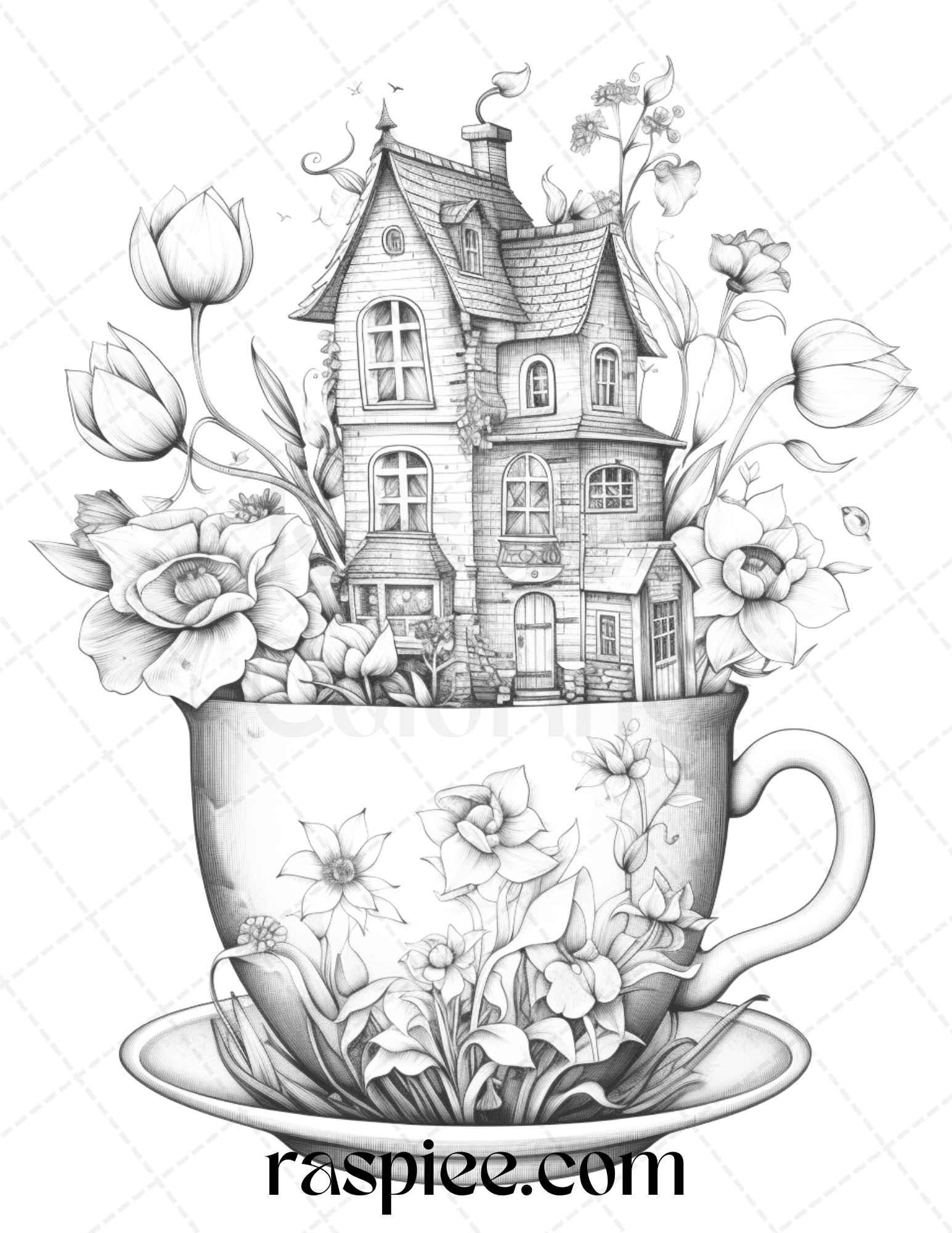 40 Flower Teacup Fairy Houses Grayscale Coloring Pages Printable for Adults, PDF File Instant Download