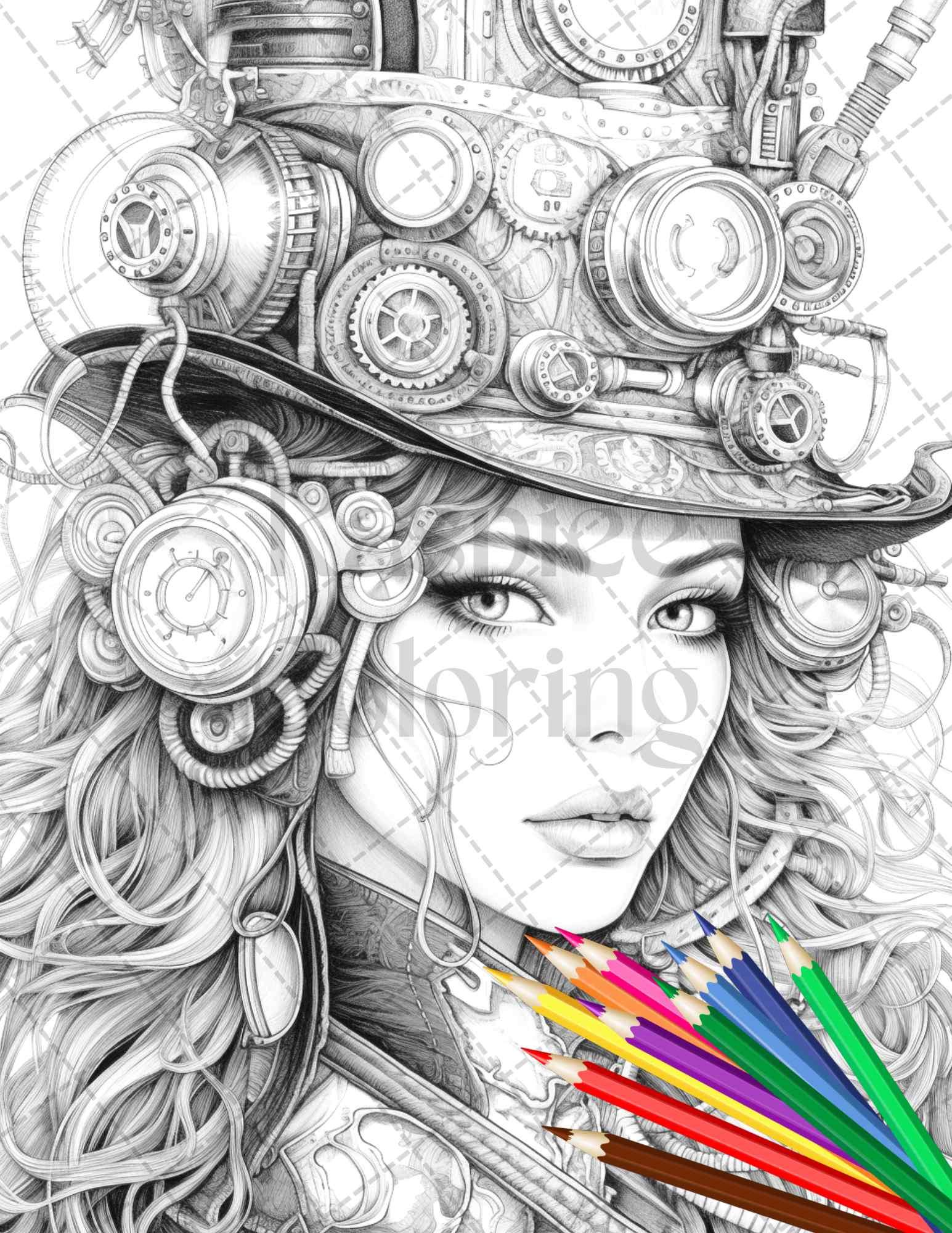 40 Steampunk Ladies Grayscale Coloring Pages Printable for Adults, PDF File Instant Download