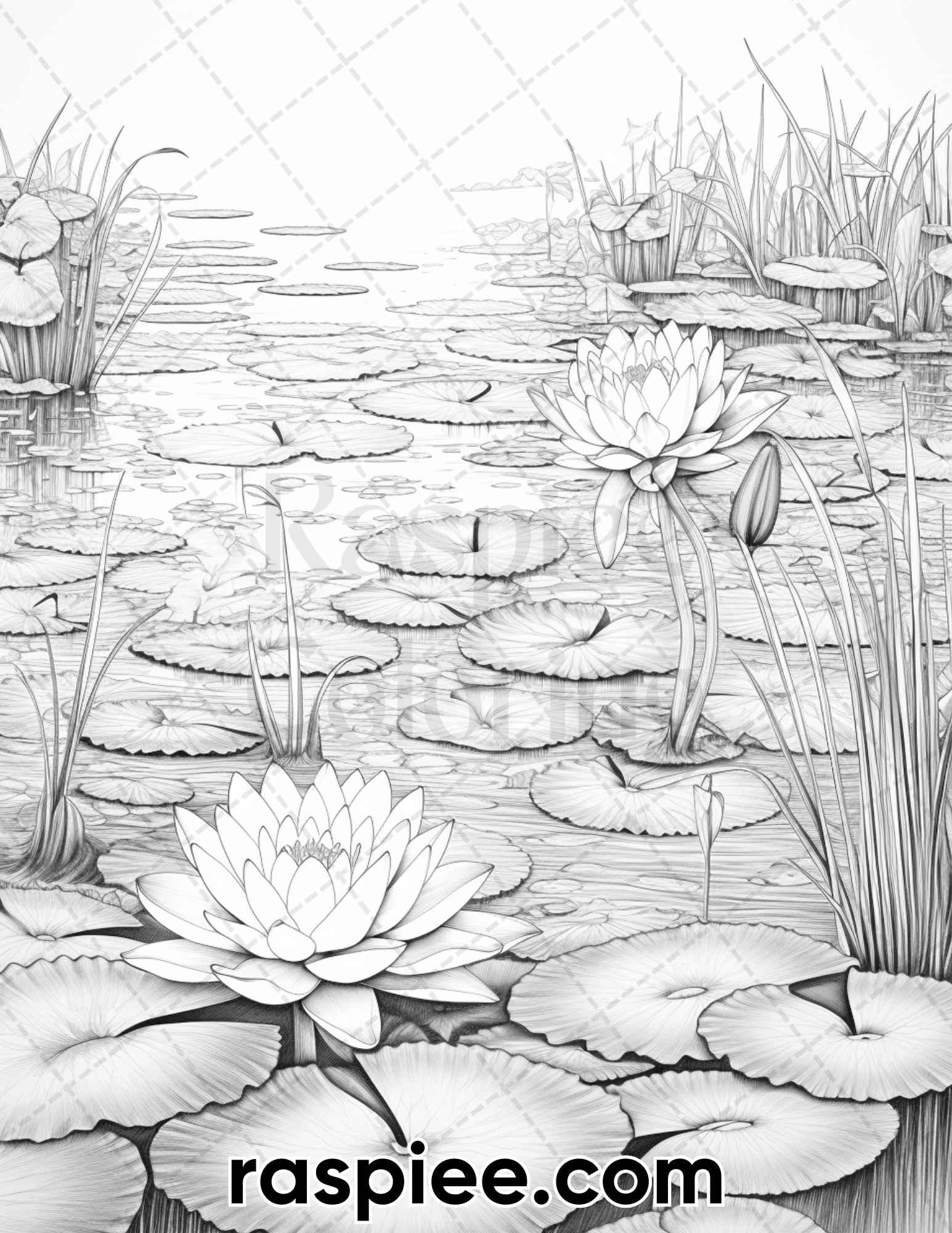 40 Lotus Pond Serenity Grayscale Adult Coloring Pages, Printable PDF Instant Download