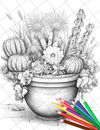 40 Charming Cactus Pots Grayscale Coloring Pages Printable for Adults, PDF File Instant Download