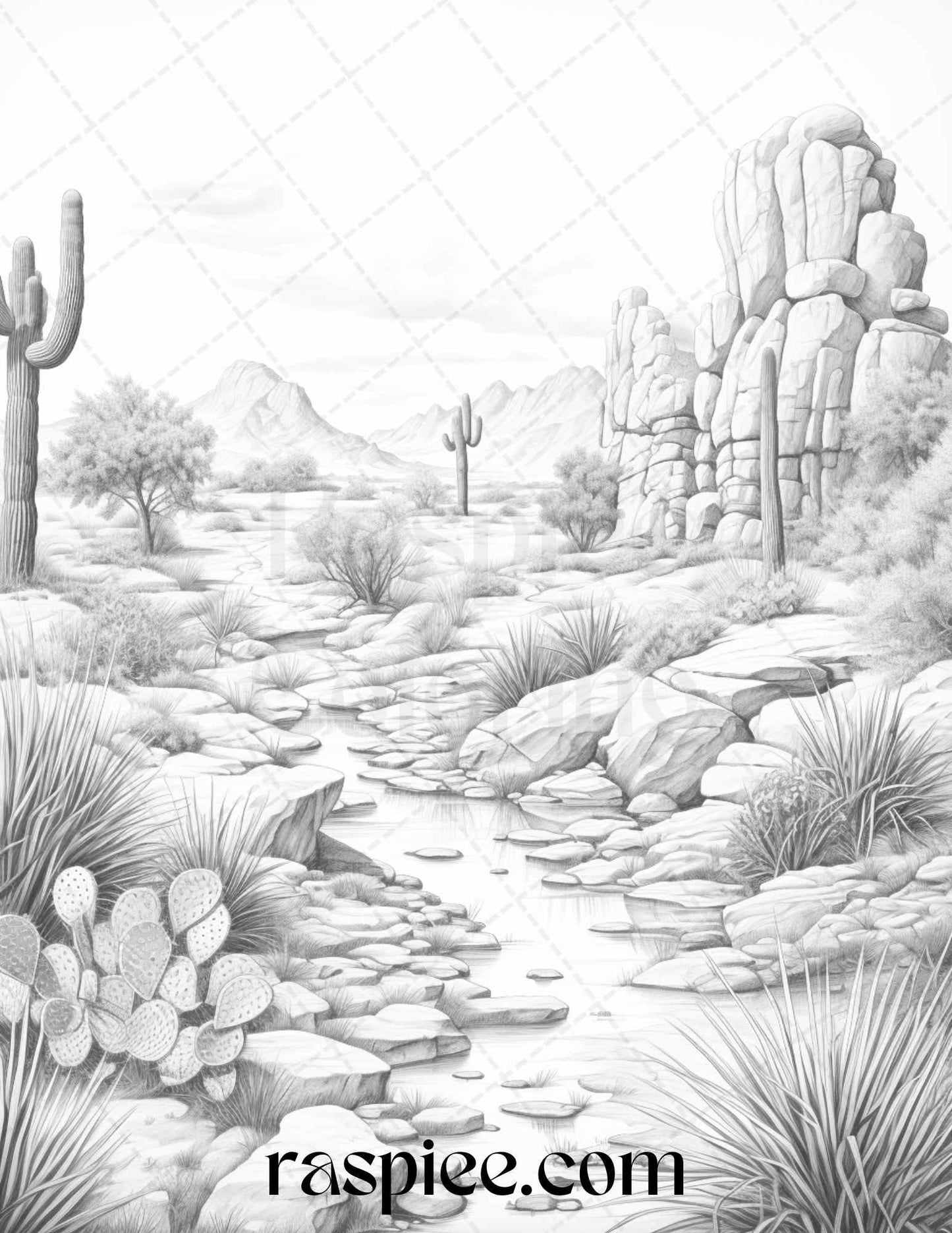 40 Desert Landscapes Grayscale Coloring Pages Printable for Adults, PDF File Instant Download