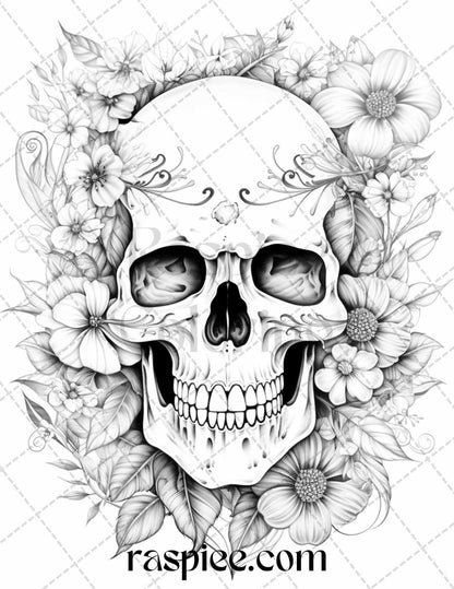 42 Floral Skull Grayscale Coloring Pages for Adults, Stress Relief Coloring Sheets, Printable PDF File Instant Download